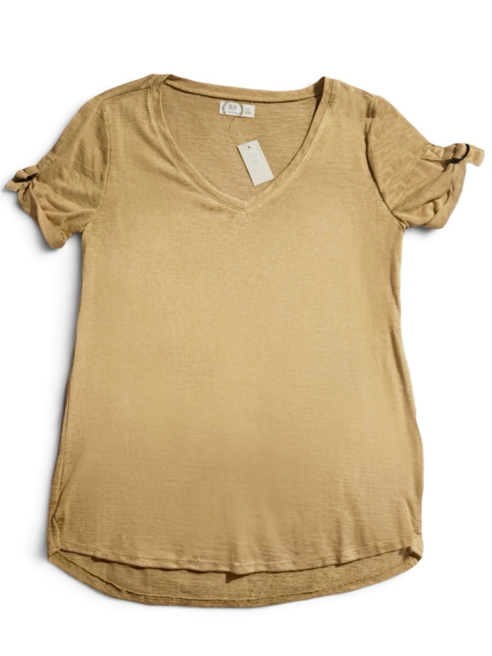 MAURICES Womens Tan Buckle Cuff Sleeve Tee Blouse Size XS Loose Relaxed Fit NEW